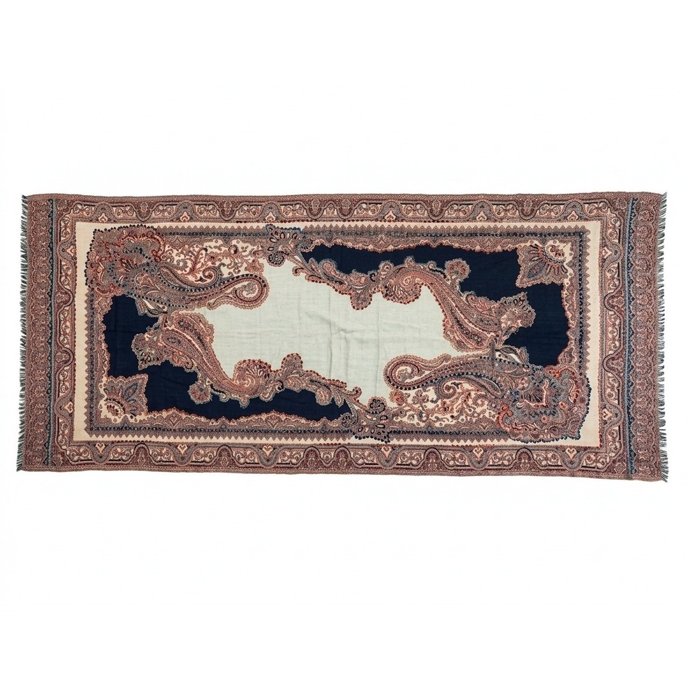 J. Jill Navy Blue Cream Paisley Oversized Wrap Scarf Viscose Rayon Fringed Shawl